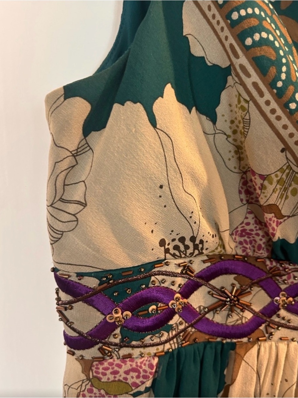 Adrianna Papell Teal Floral V-Neck Dress with Purple Embellished Waist - Picture 5 of 13